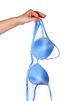 Woman holding a blue bra, isolated on white