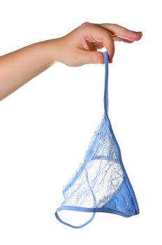 Woman holding blue panties, isolated on white