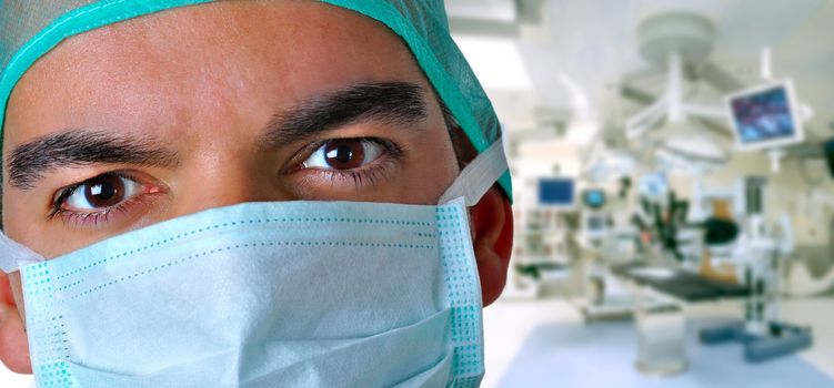 Closeup portrait of a surgeon with a operating room behind