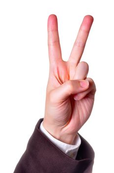 Hand in a suit making the Victory sign isolated in white background
