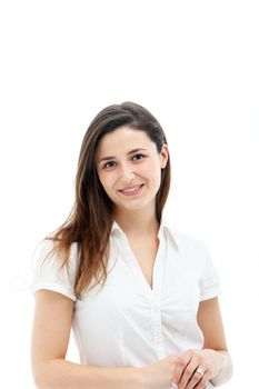 Cute smiling brunette female on white background