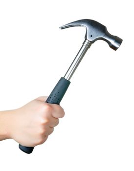 Hand holding an hammer on a white background