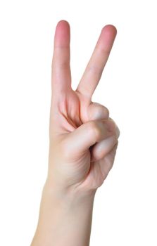 Hand making the Victory sign isolated in white background