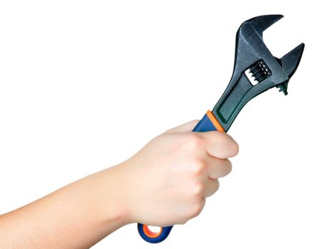 Hand holding a british wrench on a white background