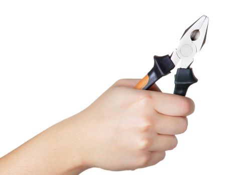 Hand holding pliers on a white background
