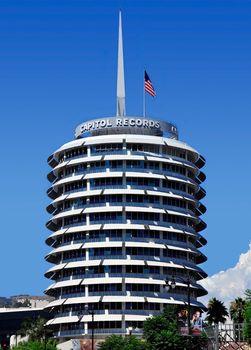 LOS ANGELES - AUGUST 25: Capitol Records Tower on August 28, 2010 in LA. Capitol Records is a major US–based record label, formerly located in LA. Its former headquarters is a major landmark near the corner of Hollywood and Vine.