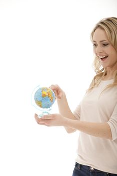 Smiling female with a globe on white background