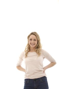 Portrait of smiling blonde woman on white background