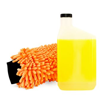 Orange mitten and yellow shampoo in the bottle for washing the car isolated on white background