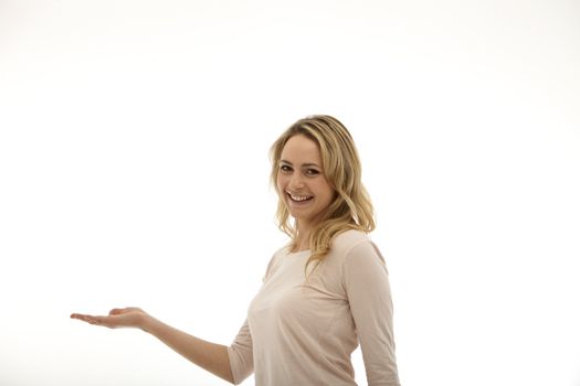 woman holding her right palm up on a white background