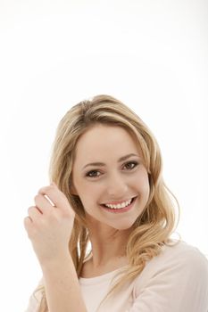 Portrait of attractive female on white background