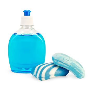 Blue liquid soap in a bottle, two pieces of blue striped and spotted soap isolated on white background