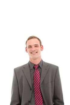 Smiling young man in suit on white background with copy space