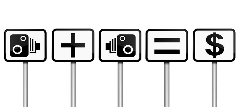 Illustration depicting road signs with speed camera financial gain concept. White gradient background.