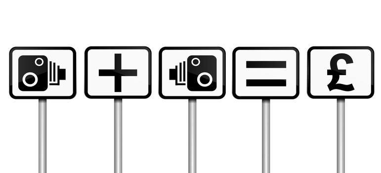 Illustration depicting road signs with speed camera financial gain concept. White background.
