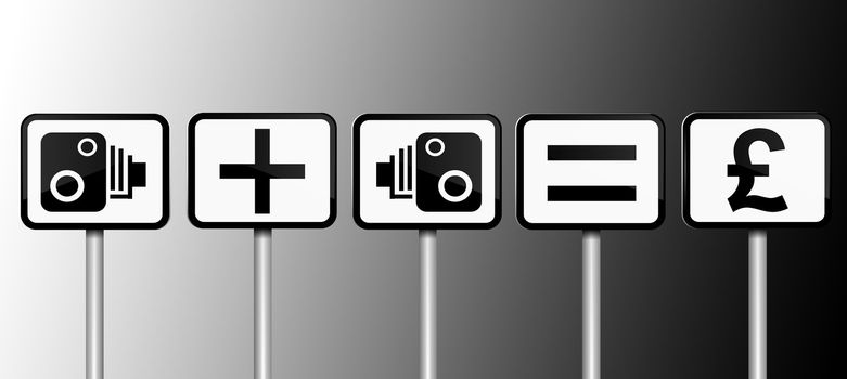 Illustration depicting road signs with speed camera financial gain concept. Black and white gradient background.