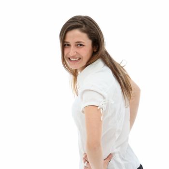 Studio shot of smiling brunette on white background