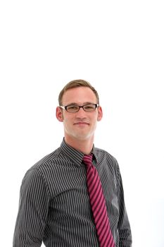 Confident man with glasses on white background with copy space