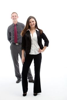 Woman in suit standing in front of her business partner on white background