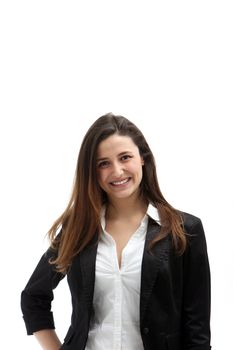 Studio shot of attractive smiling woman on white background with copy space