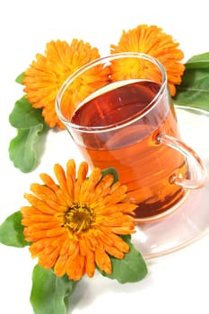 a glass of marigold tea and calendula flowers on a bright background