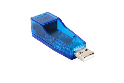 Blue USB Lan  device isolated on white.