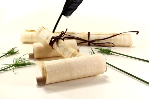 yellowed papyrus scrolls with quill, inkpot and papyrus on a light background