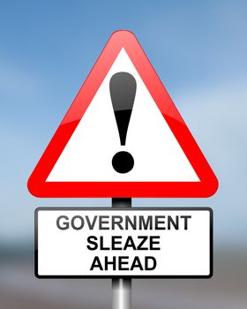 Illustration depicting red and white triangular warning road sign with a government sleaze concept. Blurred blue background.