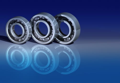 Three ball bearings on reflective dark blue background