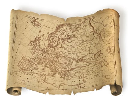 Old ragged map of Europe on paper or parchment document roll