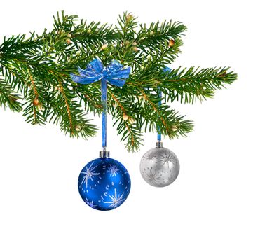 Blue and silver glass balls hanging on Christmas tree