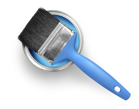 Paint brush with blue paint can isolated on white background