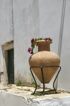 Greek terracotta clay amphora vase with red flower, beside white stucco wall