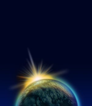 Shining blue planet and bright light phenomenon on dark space background