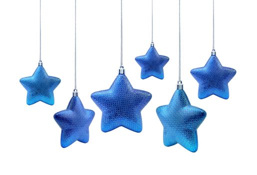 Roundish blue Christmas stars hanging on white background isolated