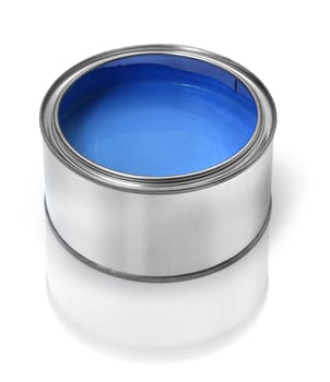 Low tin can filled with blue paint, on white background