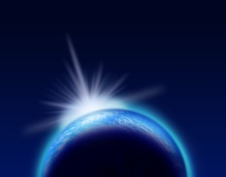 Shining blue planet and bright light phenomenon on dark space background