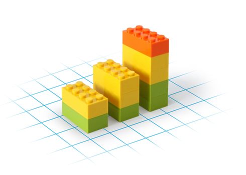 Business graph lego blocks on grid showing growth, white background