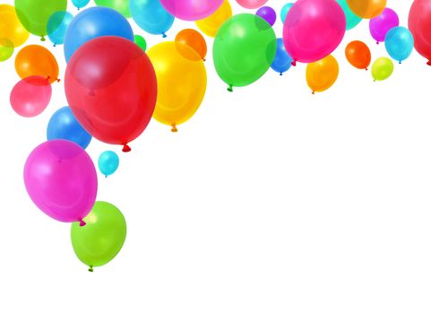 Colorful birthday party balloons flying on white background