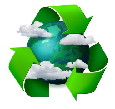 Climate change concept planet earth with clouds and recycling symbol arrows