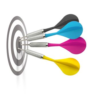 Foud cmyk color darts hitting target center, use vertical or horizontal