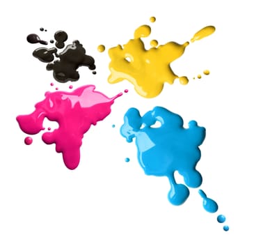 Splashes of four color printing inks cyan magenta yellow black