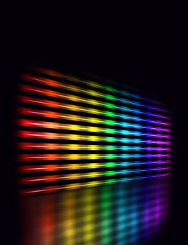 Perspective graphic equalizer display showing moving color light bars on black background