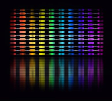 Graphic equalizer display showing moving color light bars on black background