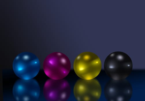 Reflective balls in four color printing process colors on dark reflective background