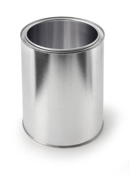 Empty metal tin paint can isolated on white background, apply your own design