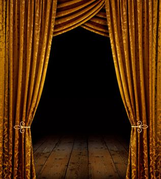 Golden curtains reveal open stage with wooden floor