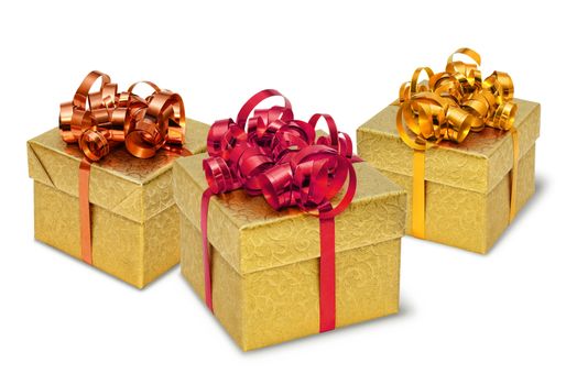 Three golden present gift boxes with silky bows and ribbons