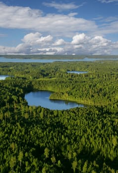 Forest and lake district aerial view with blue sky and white clouds background