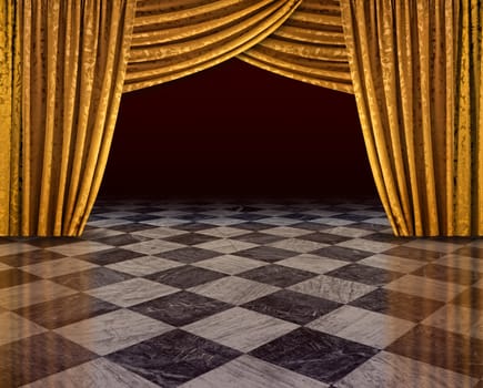 Golden curtains of open stage reflecting from checkered marble floor